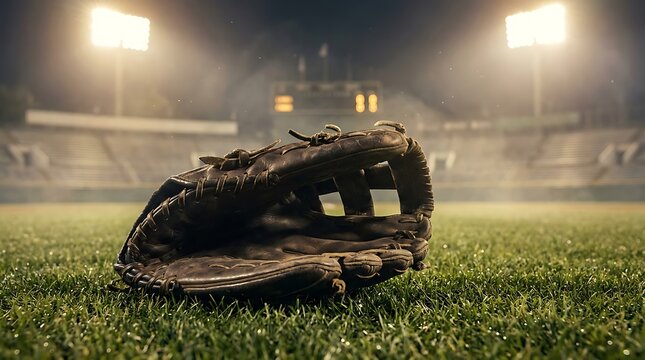 Old leather baseball glove lying on the green grass of an empty illuminated stadium at night.