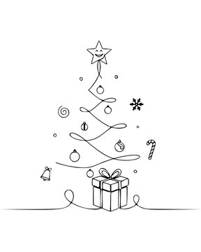 Continuous Line Christmas Tree with Smiling Star, Ornaments and Gift