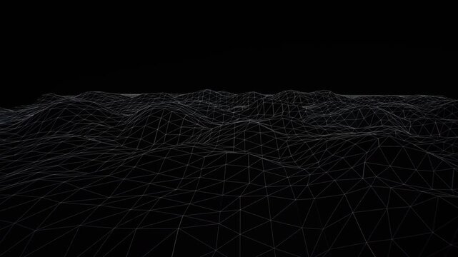Dark wireframe terrain mesh with glowing white polygonal grid lines moving smoothly across a pitch black void in a 3D animation