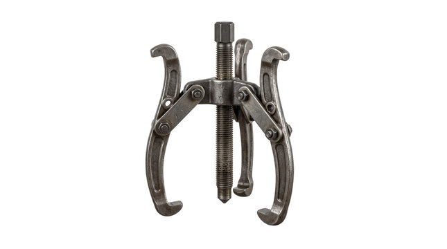 Heavy-duty three jaw gear puller or bearing removal tool isolated on transparent background PNG, perfect for mechanical engineering design, automotive repair shop graphics, and industrial maintenance 