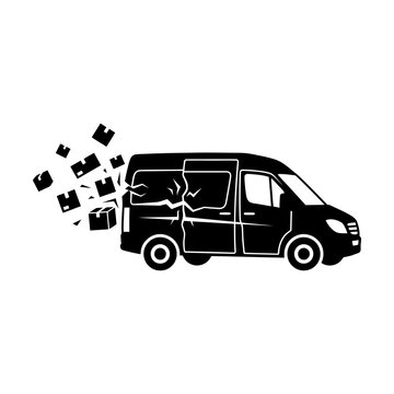 Black silhouette icon of a delivery van crashing and spilling cardboard boxes on the road Vector
