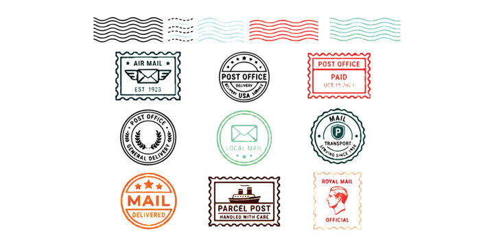 Set of vintage postage stamps and postmark ink rubber stamp icons for mail and delivery service