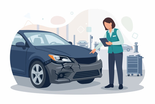 Insurance Expert Inspecting Damaged Car for Claim Settlement
