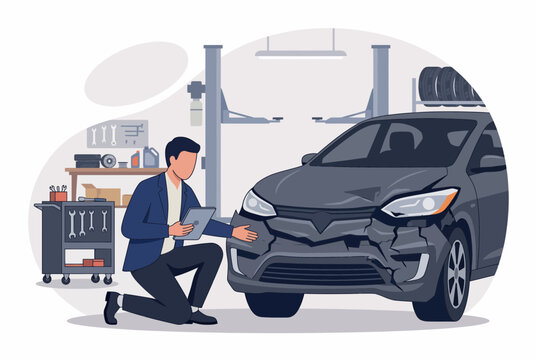 Car Accident Insurance Expert Inspecting Damaged Vehicle in Garage