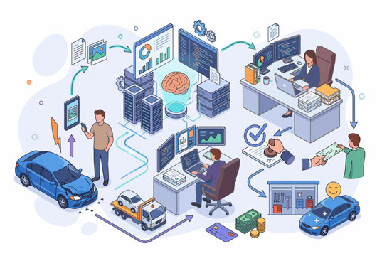 Isometric Car Insurance Claim Process and Investigation Workflow