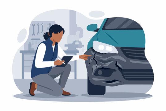 Car Insurance Agent Inspecting Damaged Vehicle for Claims Process