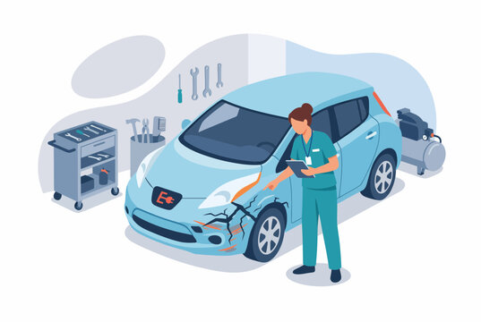 Car Insurance Agent Inspecting Damaged Electric Vehicle in Workshop