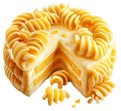 Cheese wheel creatively opens to reveal spiral pasta layers instead of cheese, showcasing unique and imaginative concept. fusion of cheese and pasta evokes playful and surprising, isolated
