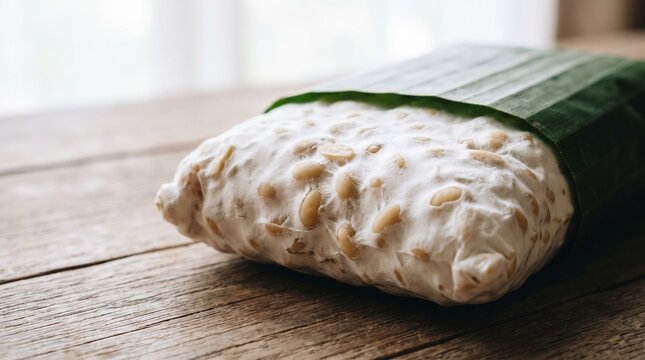 Fresh Raw Tempeh Wrapped in Banana Leaf on a Wooden Table