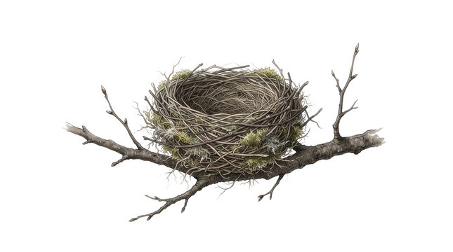 Empty bird nest made of twigs and dry grass sitting on a wooden tree branch