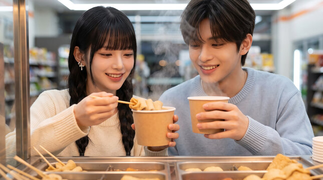 편의점에서 어묵과 컵을 들고 먹는 커플 &middot; Couple Eating Fish Cake Snacks at Convenience Store