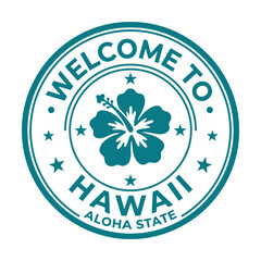 Welcome to hawaii aloha state round badge design with a tropical hibiscus flower and stars Vector © alien AZ