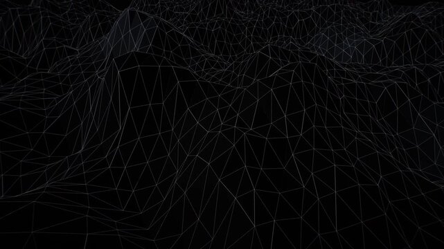 Dark digital wireframe mesh undulating in a wavy terrain landscape with white polygon lines over black backdrop in a 3D animation