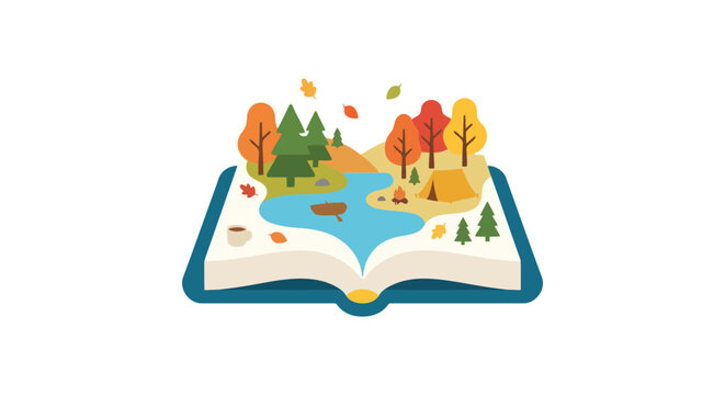 Open book with autumn forest scene depicted on its pages white background