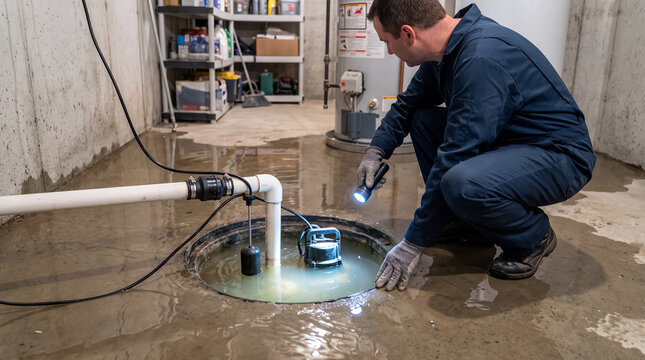 Technician inspecting sump pump in flooded basement, water removal and emergency drainage repair