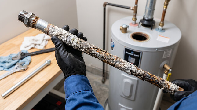 Corroded water heater anode rod removed for replacement, tank protection and plumbing maintenance