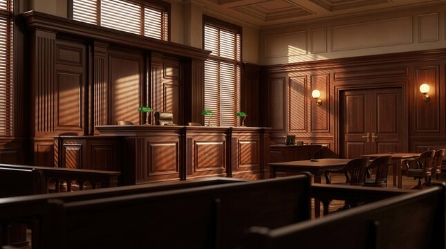 An empty courtroom for a civil case hearing with traditional American style wooden paneling.