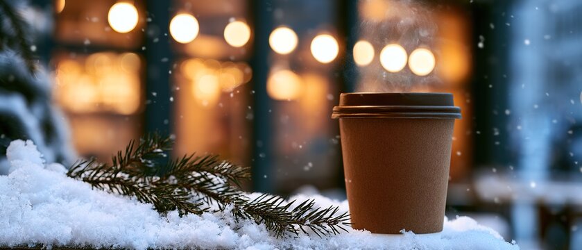 Takeaway paper cup of hot cocoa on a snowy cafe terrace table with fir branch, evening lights and coffee shop window behind, winter promo mockup for cafes and coffee shops