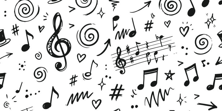 Seamless pattern with hand drawn music notes and symbols in black and white sketch style