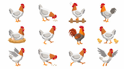 Obraz premium Cartoon illustrations of chickens, roosters, hens, and chicks in various poses and activities on a white background.