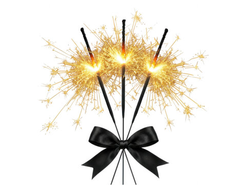 Sparklers bundle tied with black ribbon isolated on transparent background