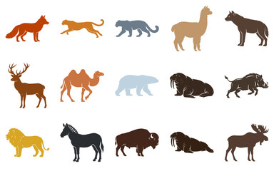 Obraz premium Set of wild animal icons including fox cheetah llama wolf deer camel bear walrus boar lion zebra Vector