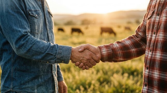 Farmers and buyers sealing a deal with a handshake amidst a picturesque scene of grazing cows