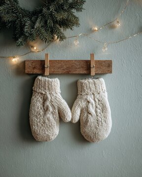 Pair of soft cream wool mittens hanging on a wooden hanger with a fir branch and string lights, light background, vertical format, cozy winter Christmas decor