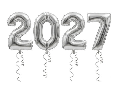 Silver foil helium balloons 2027 with ribbons isolated on transparent background