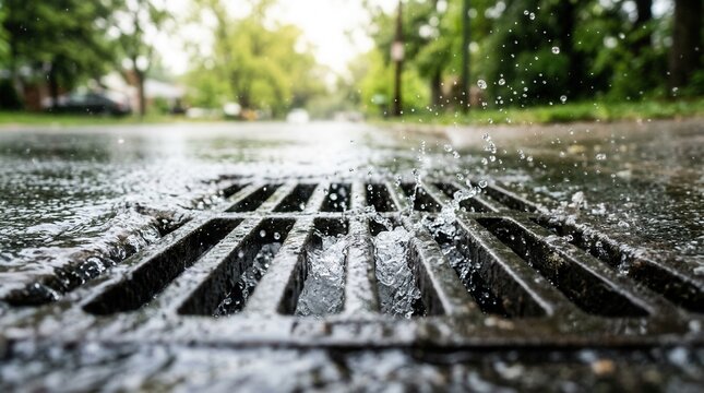 Rainwater flowing through a metal grate on a storm drain