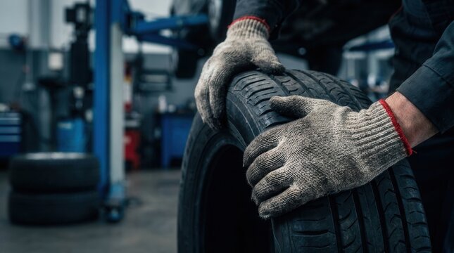 Mechanic rotating tire in service garage for optimal vehicle performance and automotive maintenance