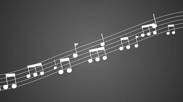 Animated music staff with bouncing musical notes flowing along a curved sheet music, seamless loop background