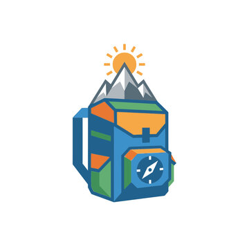 Colorful Hiking Backpack with Mountain Peaks and Compass Vector Illustration