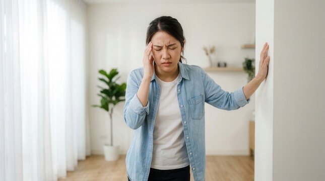 Young Asian female feeling dizzy after standing too fast with symptoms of low blood pressure