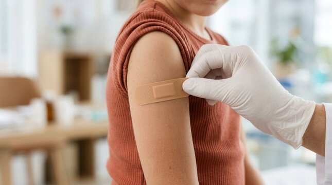 Close up of doctor applying adhesive bandage on girl arm after vaccination.