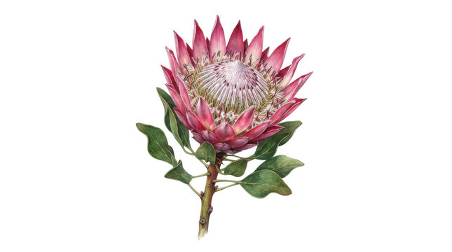Beautiful pink king protea flower with green leaves isolated illustration