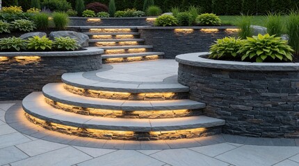 Obraz premium Modern stone retaining wall with integrated LED cap lighting. Tiered patio stpic lead through rich garden with green plants. Luxury backyard landscaping features curved masonry stairs, illuminated
