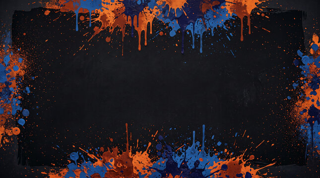 Orange and blue paint splatter border frame for grunge style artistic digital presentations.
