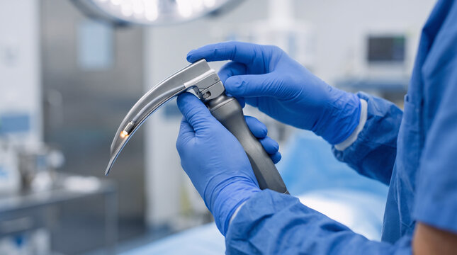 medical professional's gloved hands holding a modern laryngoscope with a stainless steel blade and ergonomic handle, blue nitrile gloves, operating room background softly blurred