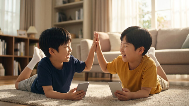 거실 바닥에 엎드려 하이파이브하는 두 소년 &middot; Two Boys High-Fiving While Lying on Living Room Floor