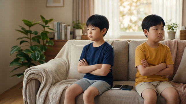 소파에 앉아 팔짱 끼고 토라진 두 남자아이 &middot; Two Upset Boys Sitting on Sofa with Arms Crossed