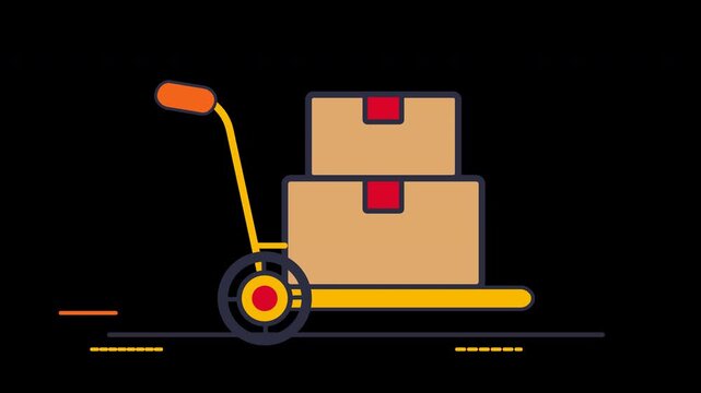 warehouse delivery hand truck box animation Safety Yellow Trolley Rolling Motion and Stacked Boxes 4K