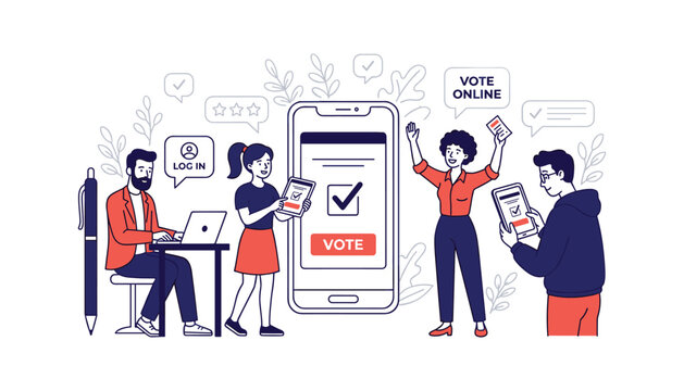 Online electronic voting system vector illustration featuring citizens casting ballots securely using smartphone apps laptops and modern digital ballot technology