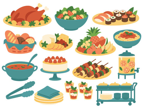 ビュッフェの料理と器を集めたイラストセット