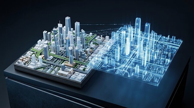 Futuristic cityscape with augmented reality interface, smart city concept