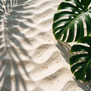 Tropical monstera leaves resting on white sand beach with natural palm tree shadows cast across the textured surface creating a serene summer vacation background composition for seasonal design