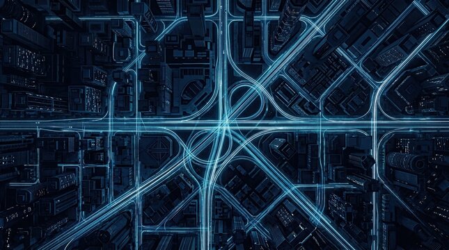 Blue cityscape at night with glowing highways and interchanges