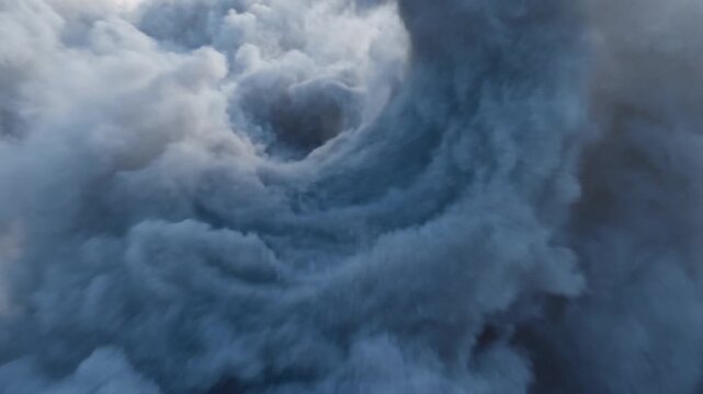 Dense storm cloud formations billow and swirl through a dark atmospheric sky