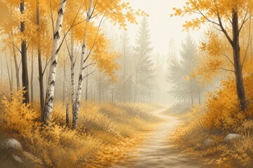Fototapeta premium Misty autumn forest path with golden foliage