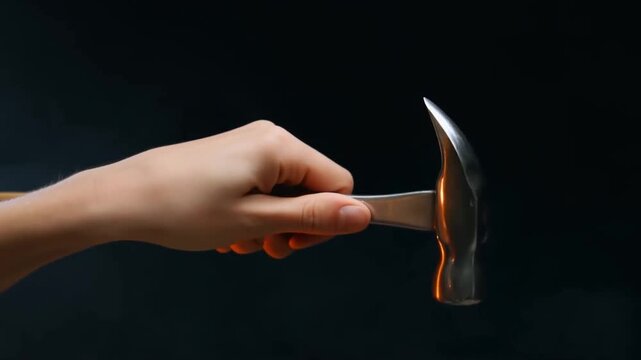 Hand holding and moving a metal claw hammer against a dark background